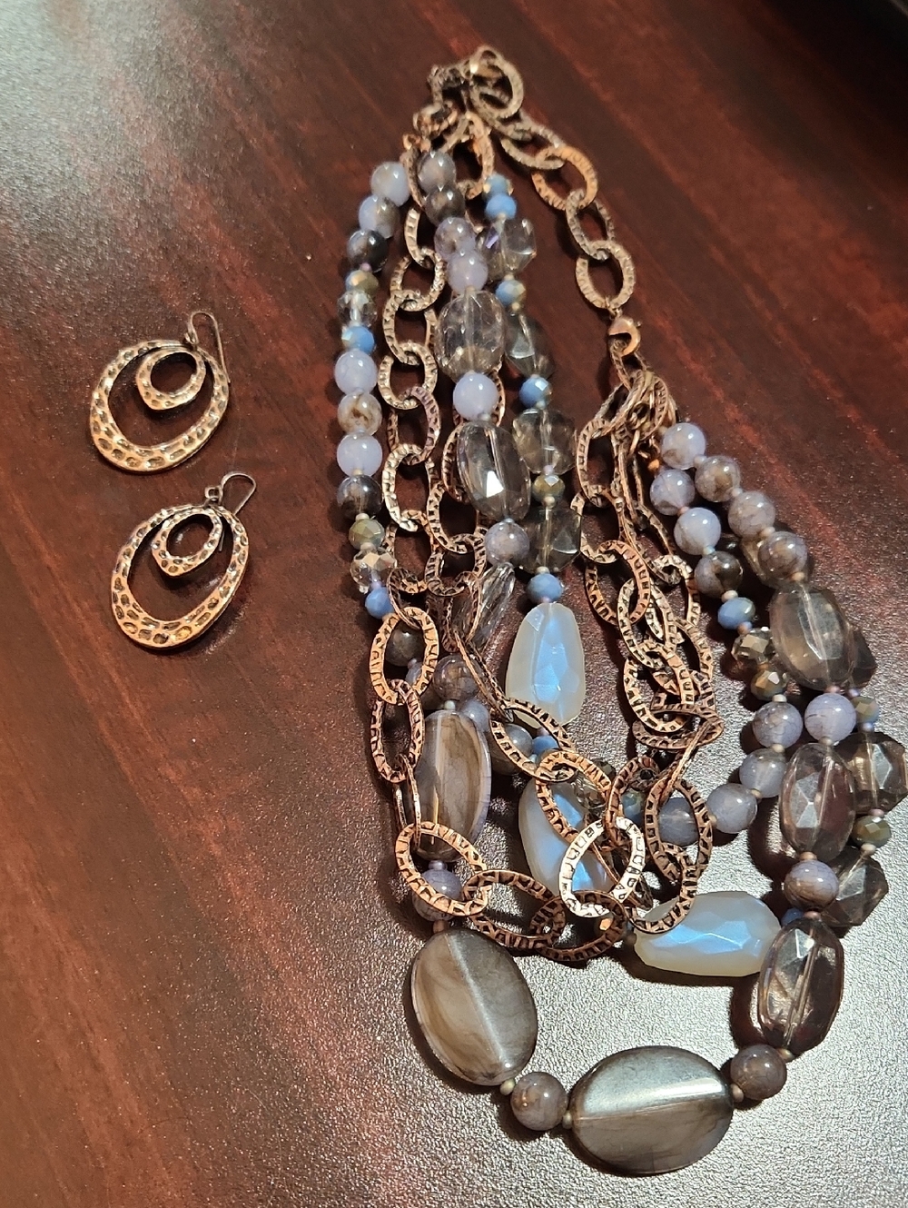 Multi-Strand Blue and Rose Gold Tone Women's Necklace & Earring Set - Premier